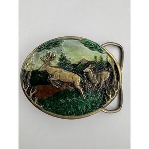 Running Jumping Deer Buck Wildlife Hunting Vintage 1985 C+J Belt Buckle USA
